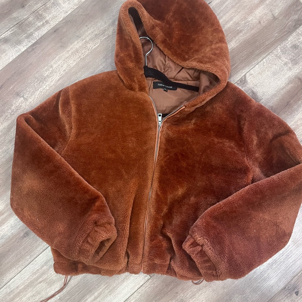 Winter fur coat with hoodie. Tan Faux Fur brownish orange hooded Jacket medium